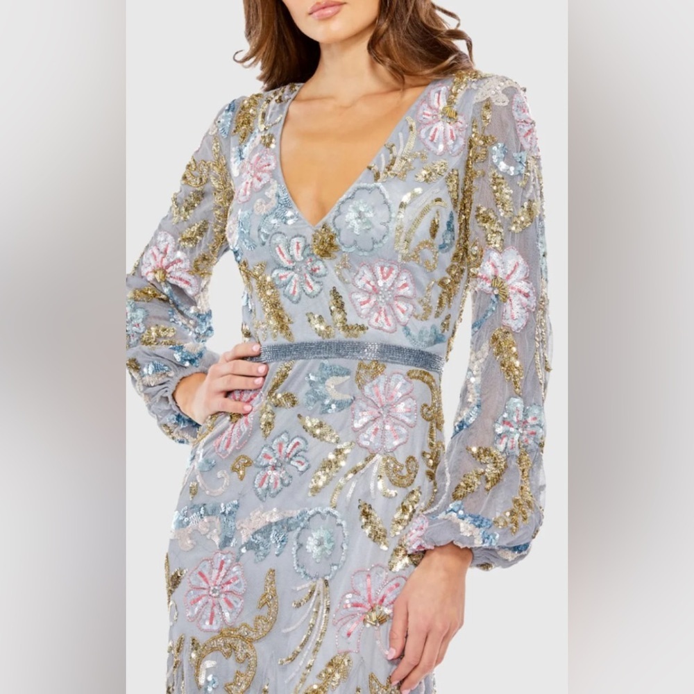 NWT Mac Duggal 5423 Gray Platinum Multi Long Cuff Sleeve Midi Dress Size 12 - Picture 3 of 16